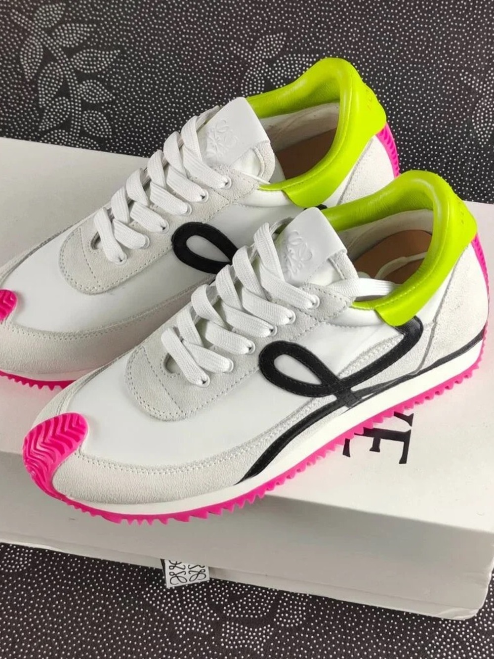 Loewe White Sneakers with Neon Lime Collar and Hot Pink Sole